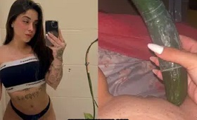 Gabriela Soares, una joven gatita, se divierte jugando con un enorme pepino