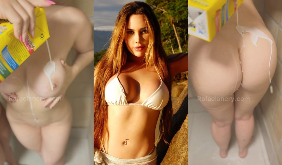 Rafaela Nery toda cubierta de leche en las tetas y el trasero, completamente sin ropa